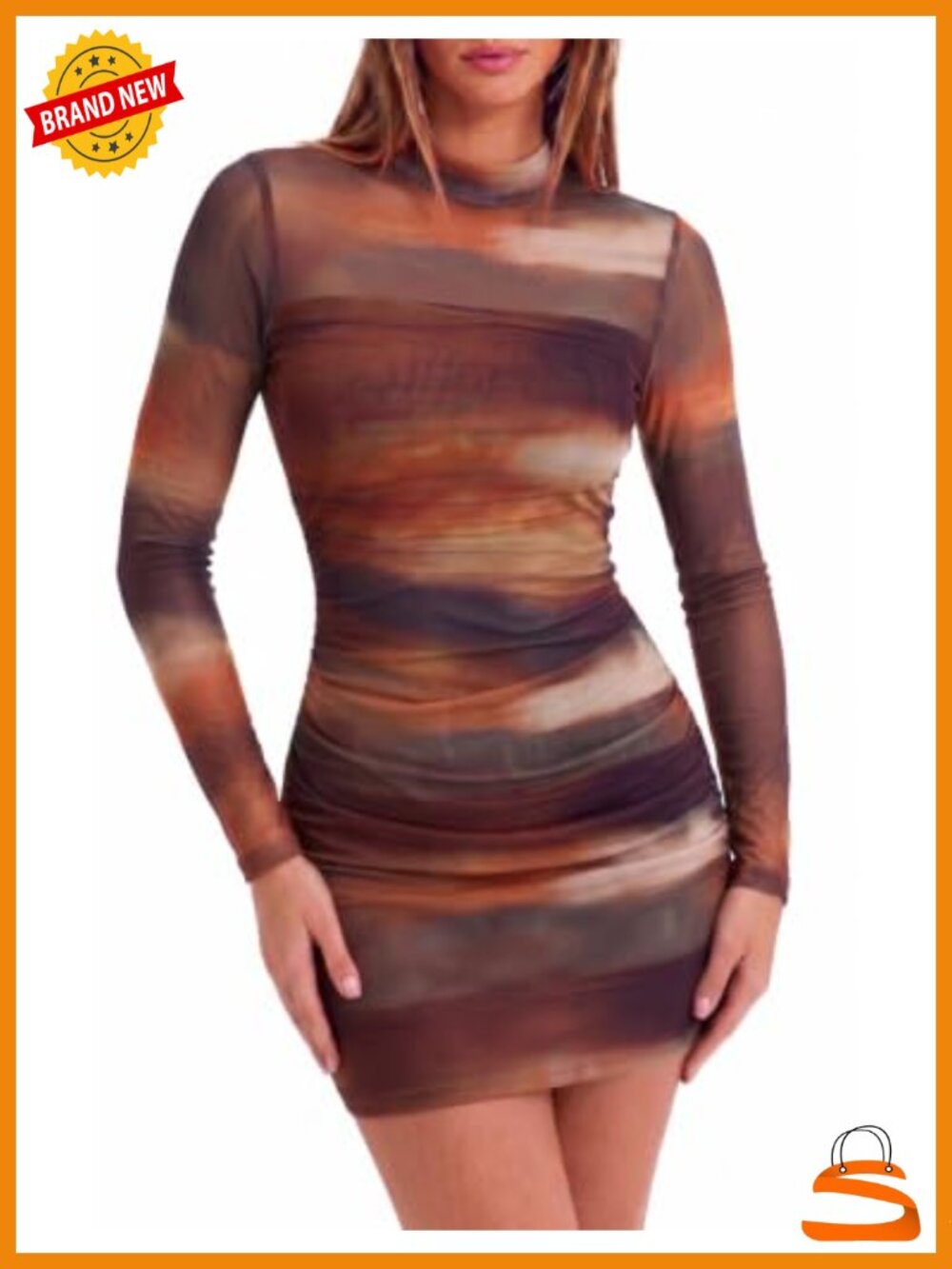 Women's Mesh Long Sleeve Ruched Bodycon Mini Dress Mock Neck